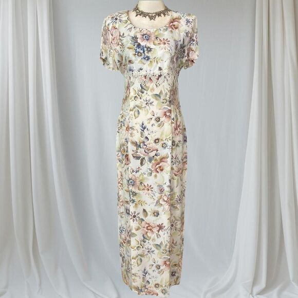 Vintage Milkmaid 80s Cream White Multi Cottage Core Flower Maxi Dress M / L - Picture 1 of 8
